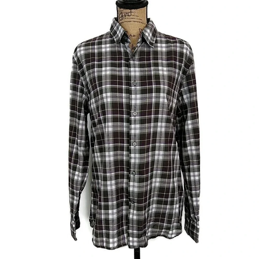 John Varvatos U.S.A. Button Down Shirt Mens M Black White Plaid Long Sleeve